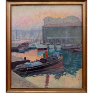 GRAND TABLEAU IMPRESSIONNISTE 1930 - MARSEILLE AVEC LES  EFFETS DU SOLEIL LEVANT-  SIGNATURE ?