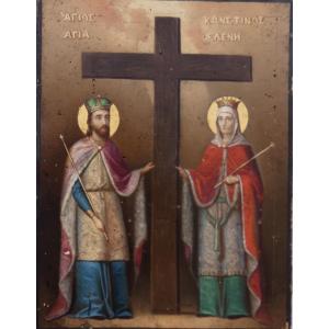 GRANDE ICÔNE ORTHOXE GRECQUE XIXe - PEINTURE BYZANTINE -SAINTE HÉLÈNE & SAINT CONSTANTIN
