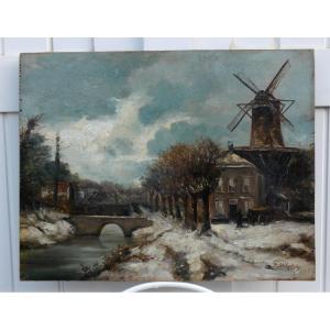 Paul Kuhstohs 1870-1898 - Impressionist Painting - Winter Landscape Near A Holland Canal