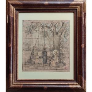 Frédéric Montenard 1847-1926...large Charcoal...a Church Study For Jesus With The Samaritan Woman