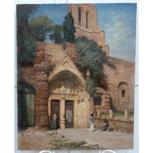 Large 19th Century Impressionist Panel...animated Scene In Front Of The Monolith Church Of Saint-émilion