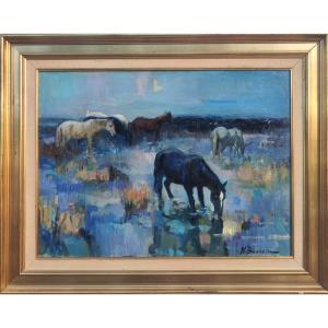 Nicolai Barrera 1919 2006...large Camargue Landscape With Wild Horses & Bulls