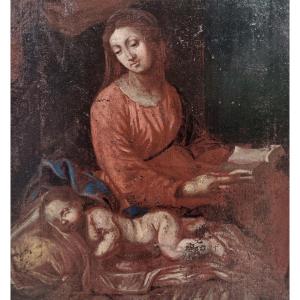 TOILE BIBLIQUE XVIIe - ITALIE & ÉCOLE BOLONAISE - VIERGE A LA BIBLE AVEC L'ENFANT JÉSUS ENDORMI