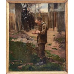 CLAUDE FIRMIN 1864-1944...GRANDE TOILE IMPRESSIONNISTE...JEUNE GARÇON TAILLANT UN BÂTON