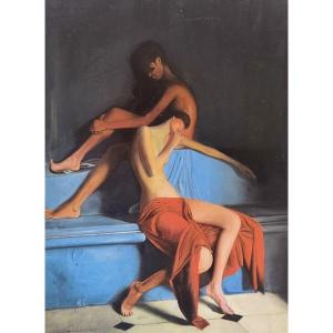 DEUX JEUNES FEMMES NUES AU HAMMAM...GRANDE TOILE VERS 1960-1970