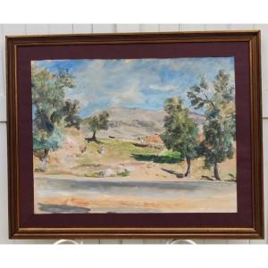 HENRI CLAMENS 1905-1937...GRANDE AQUARELLE ORIENTALISTE...PAYSAGE DU MAGHREB -ALGÉRIE - MAROC