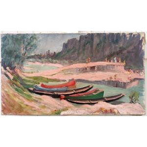 Large Impressionist Painting, 1920–1930... Landscape Of St-martin d'Ardèche At Ranc Pointu - Aiguez