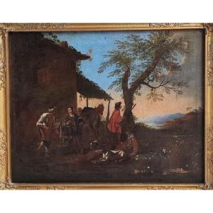 Large 17th-century Bamboche Painting - Hunters' Rest Stop With An Innkeeper - Pieter Van Laer & Jan Miel