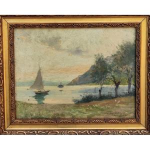 LOUIS A LETOURNEAU 1850-1909- SOLEIL LEVANT IMPRESSIONNISTE SUR LE LAC LÉMAN