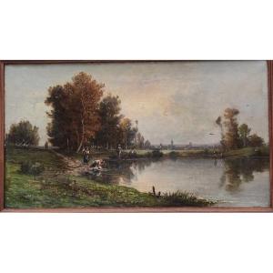 TABLEAU BARBIZON XIXe -PAYSAGE AUX LAVANDIÈRES & PÊCHEURS - PROCHE DAUBIGNY & COROT