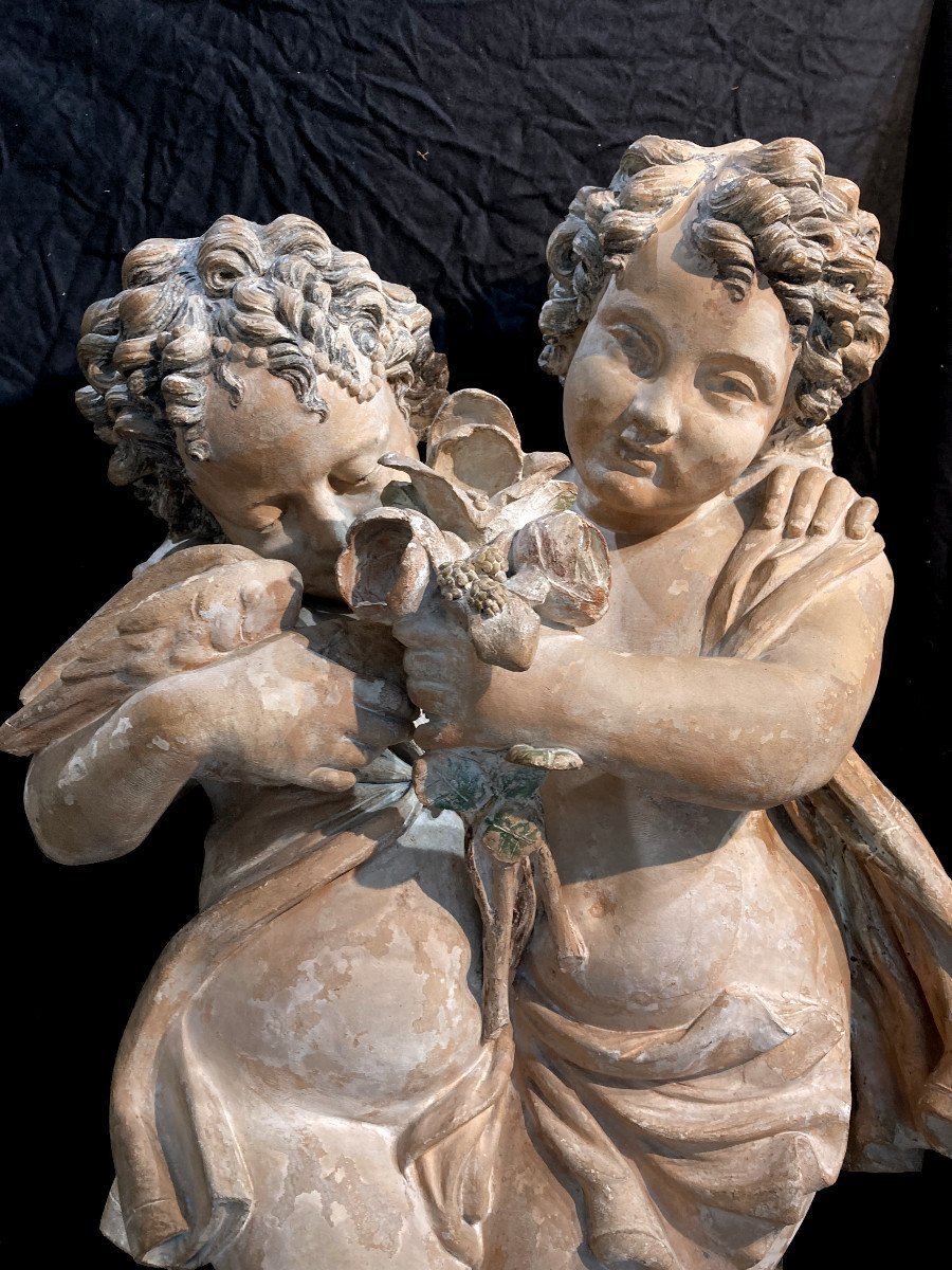 Important Partially Polychromed Terracotta Group Depicting Two Puttis - Circa 1800-photo-2