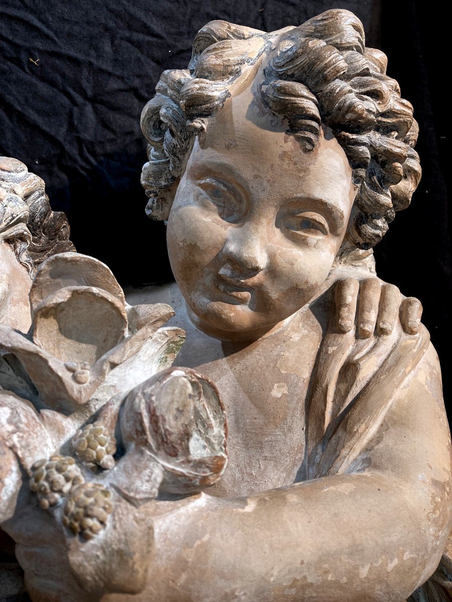 Important Partially Polychromed Terracotta Group Depicting Two Puttis - Circa 1800-photo-4