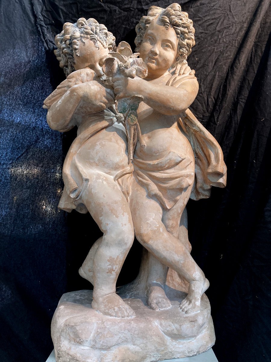 Important Partially Polychromed Terracotta Group Depicting Two Puttis - Circa 1800-photo-7