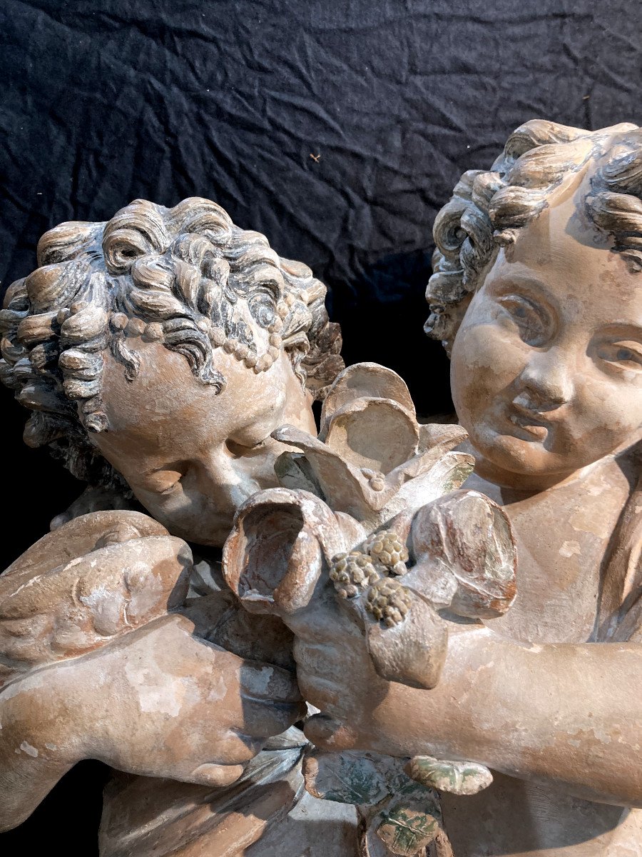 Important Partially Polychromed Terracotta Group Depicting Two Puttis - Circa 1800-photo-8