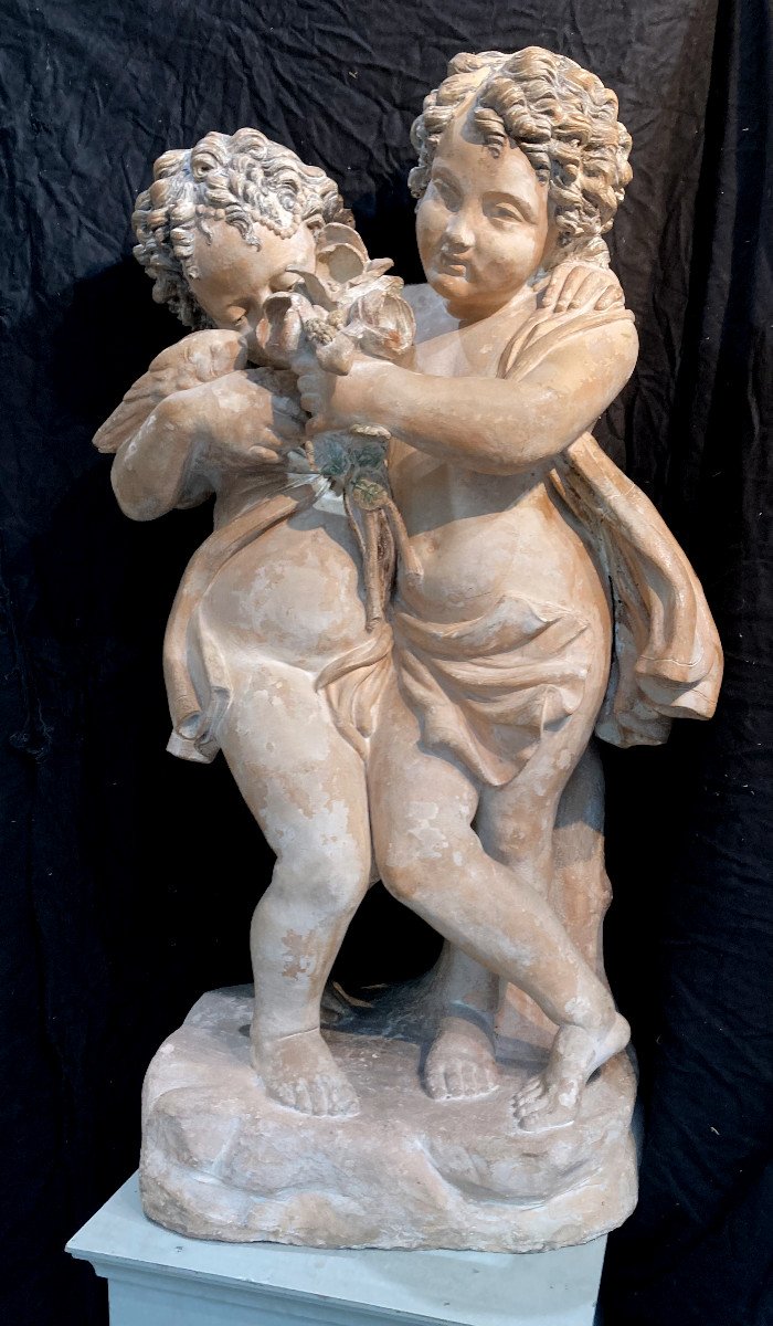 Important Partially Polychromed Terracotta Group Depicting Two Puttis - Circa 1800