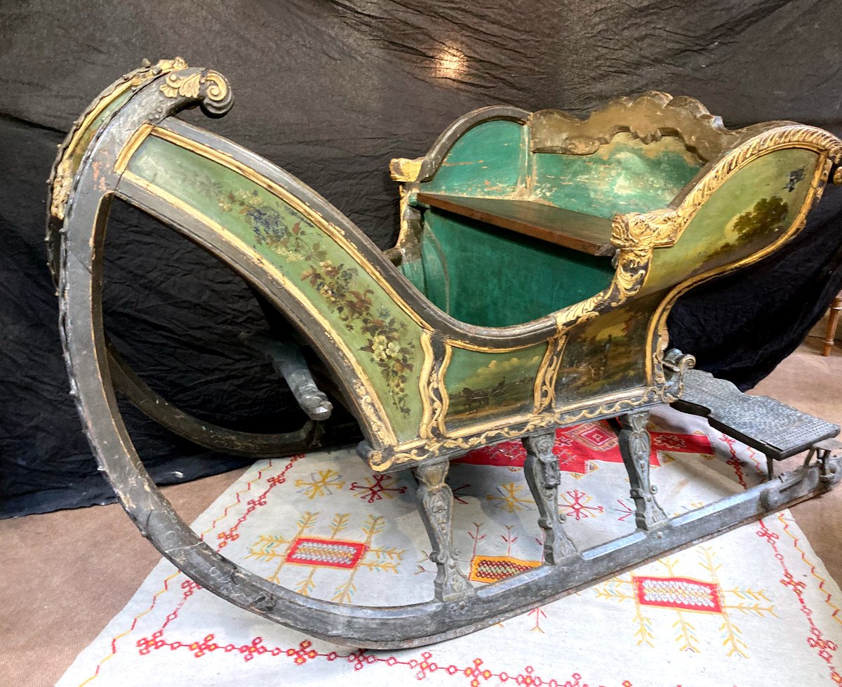 Important Sleigh In Carved Gilded And Polychrome Wood - 18th Century-photo-6