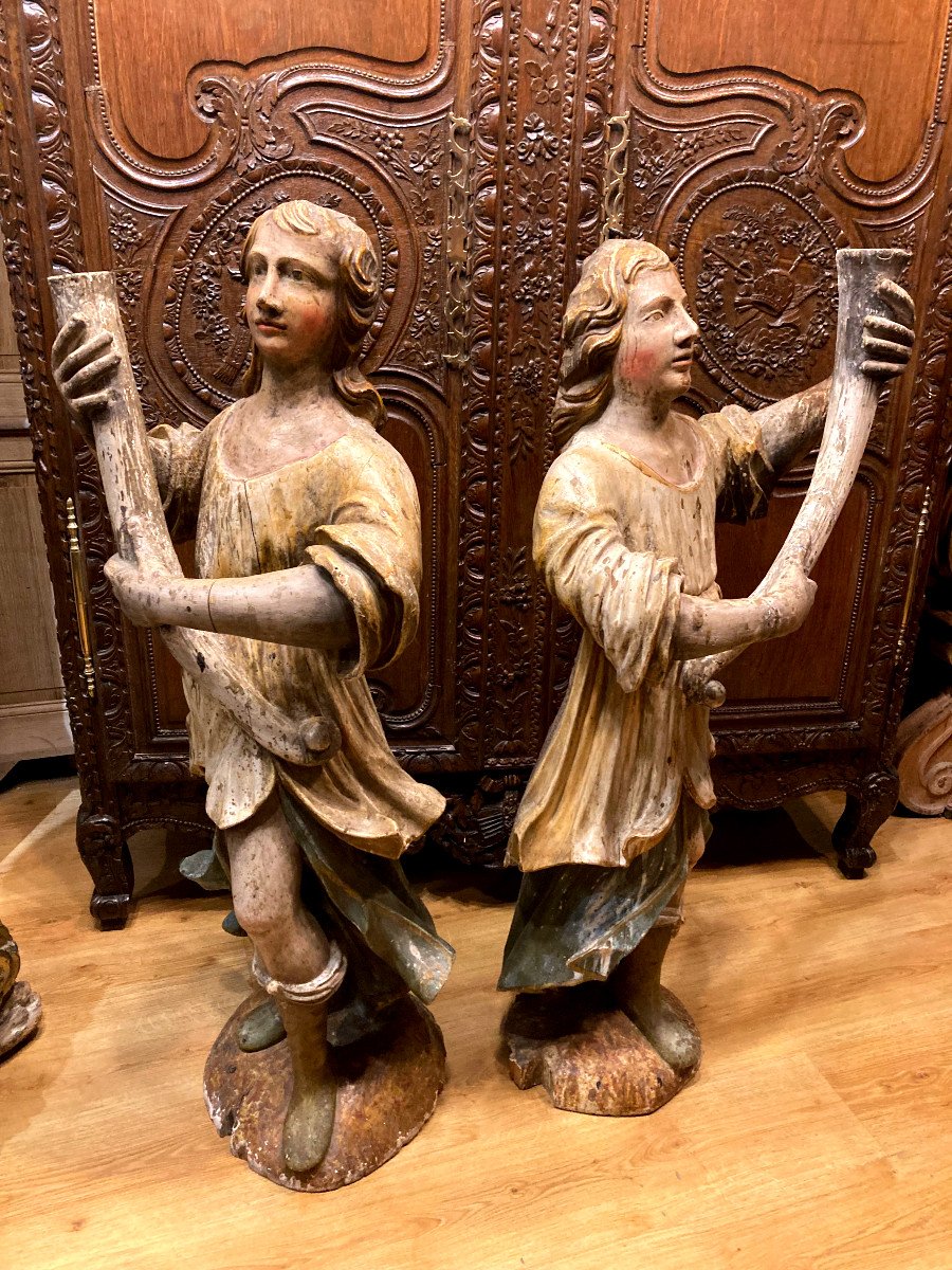 Importante Paire de porte torchères en bois sculpté Polychrome - XVIIIeme -photo-2