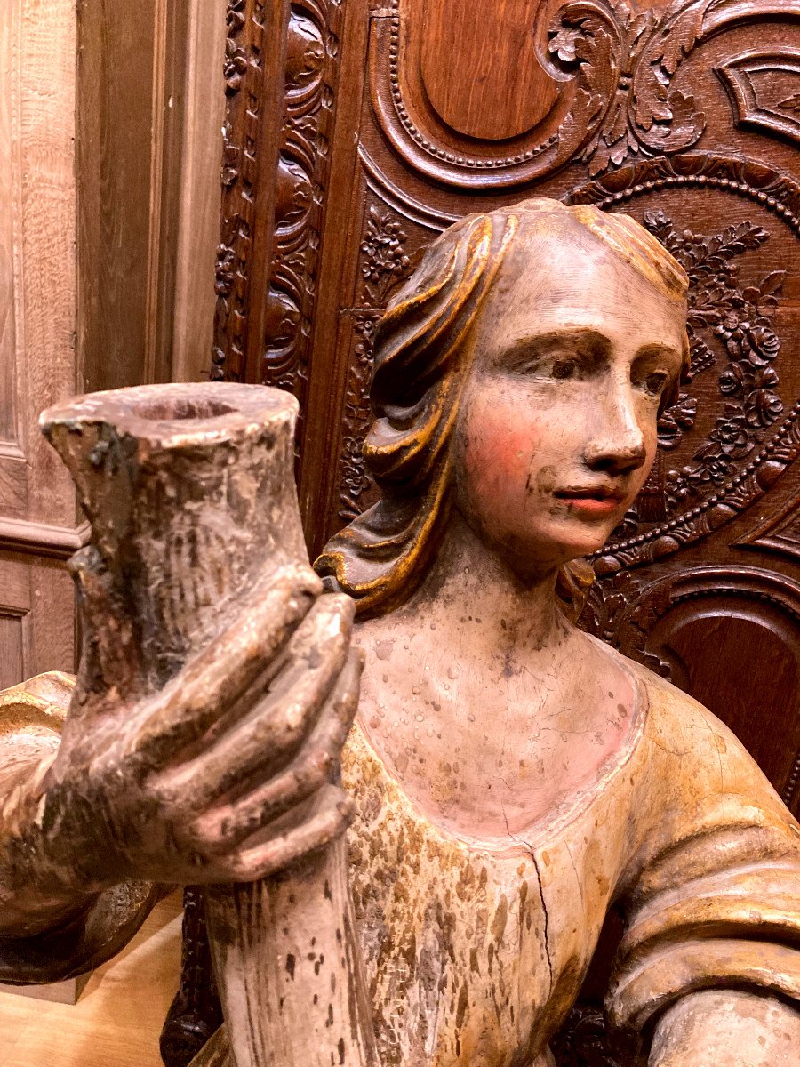 Importante Paire de porte torchères en bois sculpté Polychrome - XVIIIeme -photo-2