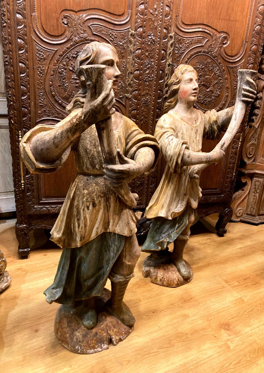 Importante Paire de porte torchères en bois sculpté Polychrome - XVIIIeme -photo-5