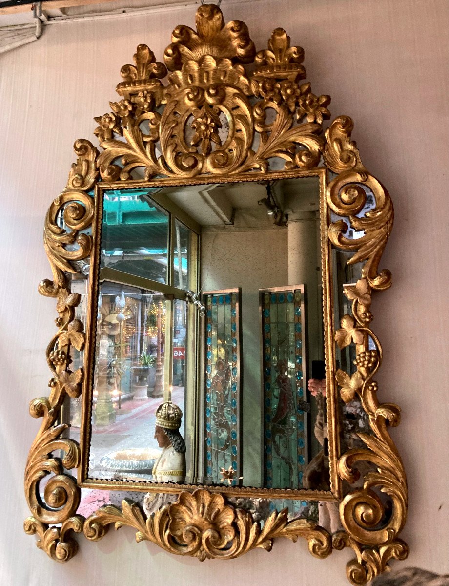 Miroir à Parclosess En Bois Sculpté Et Doré à La Feuille -Epoque Régence-photo-2