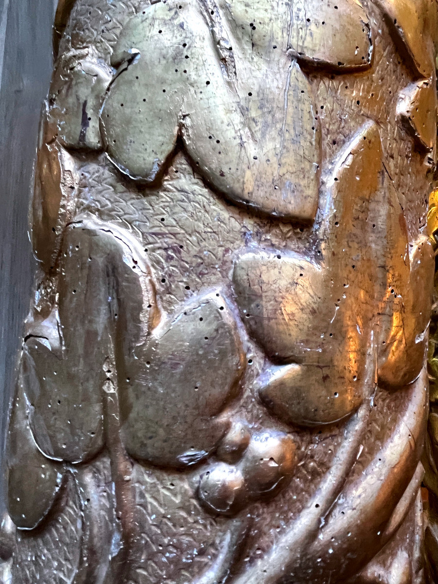 Importante suite de Colonnes en chêne mouluré , sculpté,  doré à La Feuille - Italie XVIIIeme.-photo-2