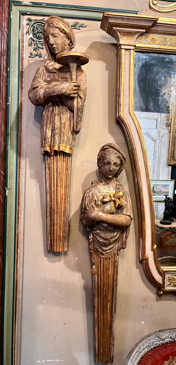 Pair Of Caryatids In Carved And Gilded Wood - 18th Century