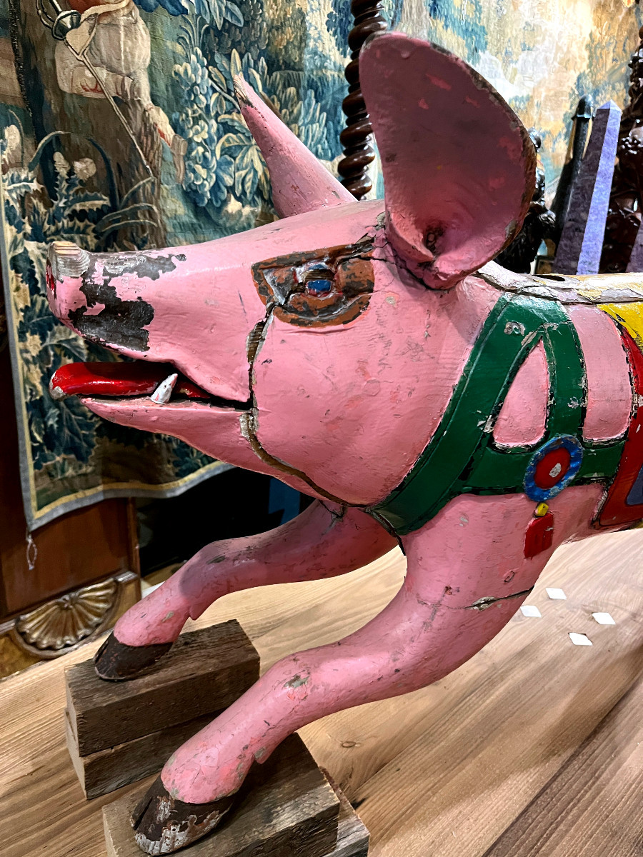 Gustave Bayol art forain sujet de manege "Cochon" bois sculpté et polychrome 1900-photo-2