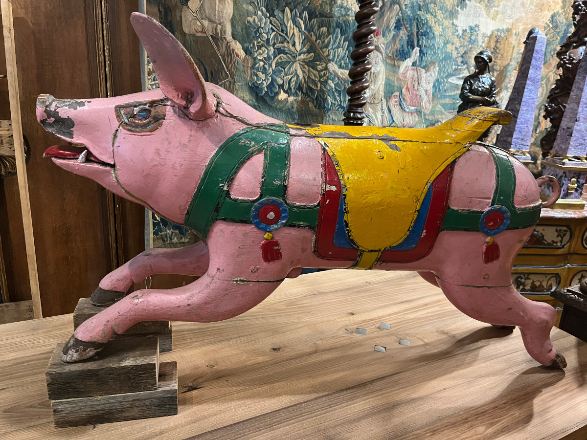 Gustave Bayol art forain sujet de manege "Cochon" bois sculpté et polychrome 1900-photo-3