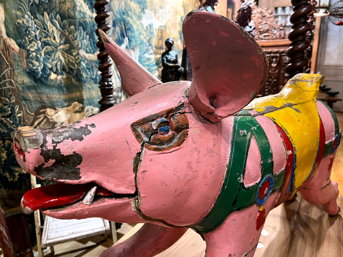 Gustave Bayol art forain sujet de manege "Cochon" bois sculpté et polychrome 1900-photo-4