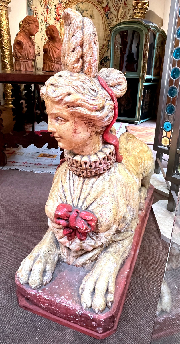 Paire de Sphinx  en terre cuite polychrome - XIXème. -photo-2
