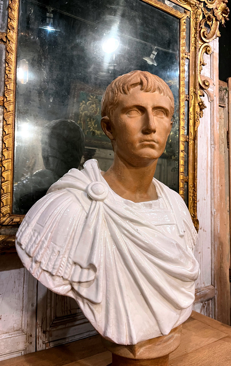 Importante sculpture en terre cuite émaillée -buste romain -19ème-photo-1