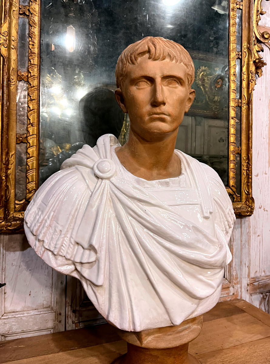 Importante sculpture en terre cuite émaillée -buste romain -19ème