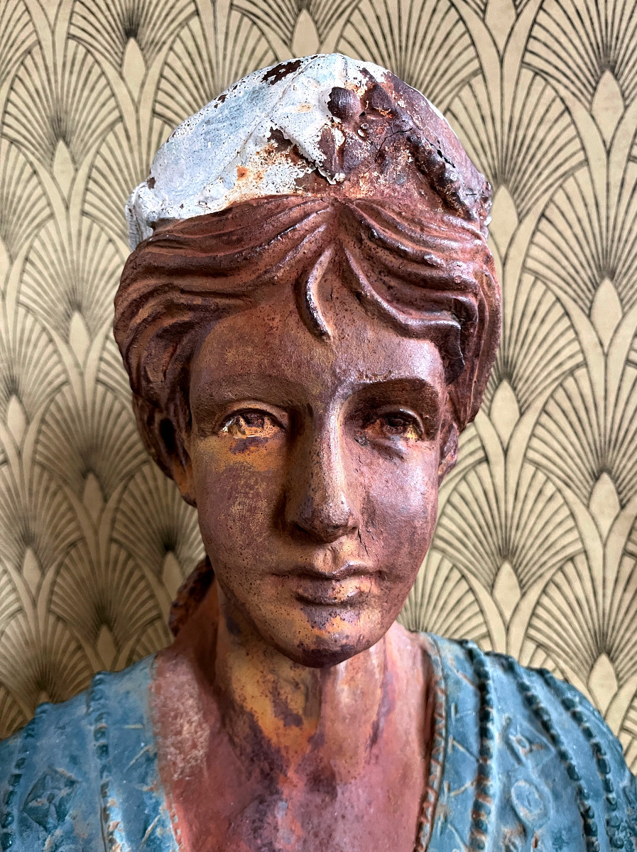 Buste de Femme en fonte à réhauts polychrome - 19ème. siècle-photo-3