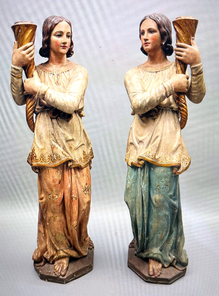 Pair Of Carved And Polychrome Wooden Candlestick Holders—18th Century