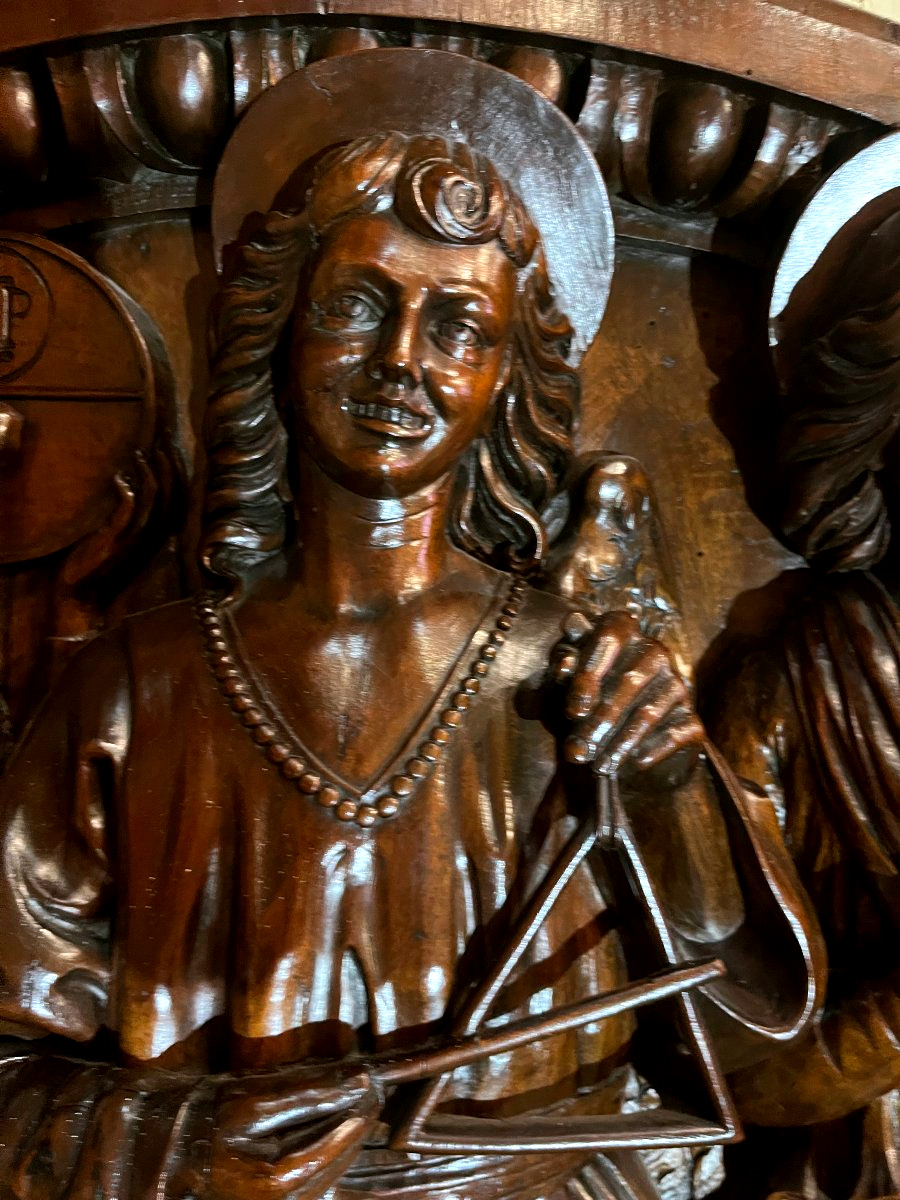 Panneau en noyer sculpté à fort relief - trois anges - XIXe siècle-photo-2