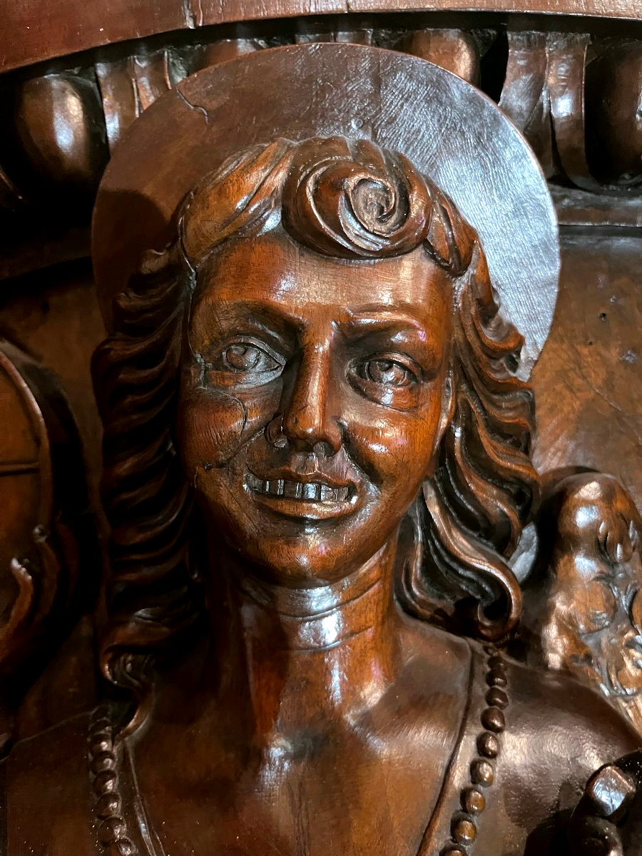 Panneau en noyer sculpté à fort relief - trois anges - XIXe siècle-photo-4