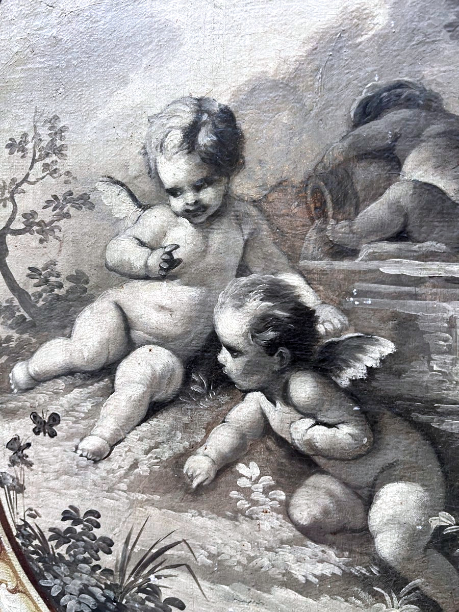 Importante toile XVIIIE à décor floral, médaillon aux trois amours-photo-4