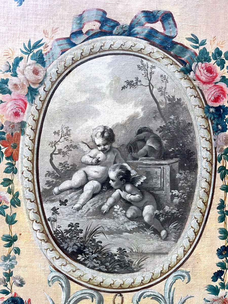 Importante toile XVIIIE à décor floral, médaillon aux trois amours-photo-2