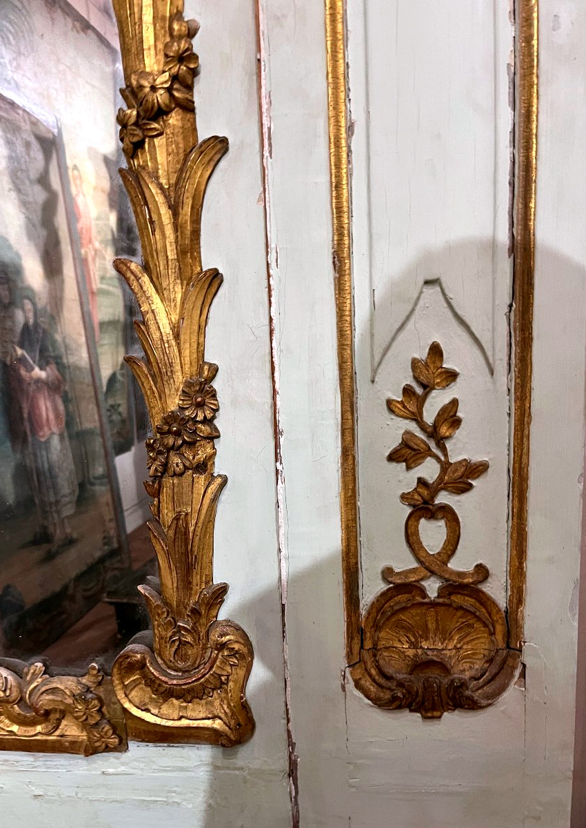 Important trumeau de boiserie en bois sculpté, peint et doré, XVIIIe siècle-photo-4