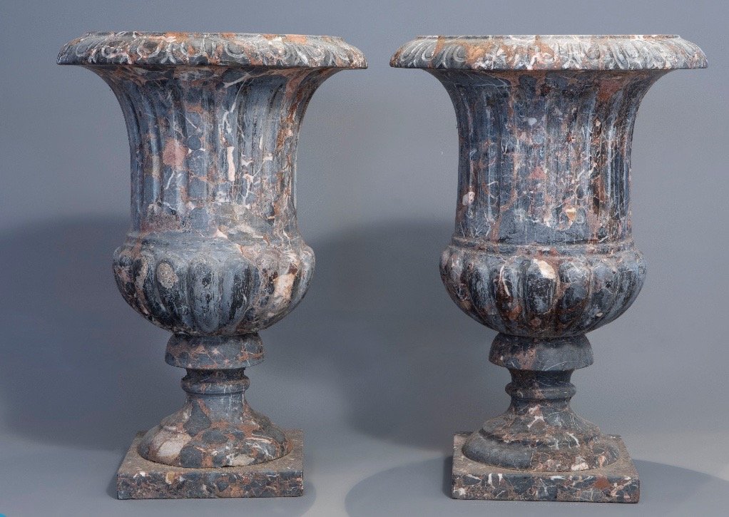 Pair Of Medici Vases In Breccia Marble - Work End XVIII-photo-2