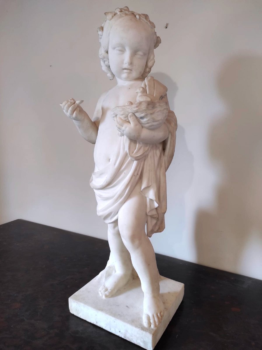 Importante Sculpture En Marbre Blanc - L'enfance de Bacchus-photo-6