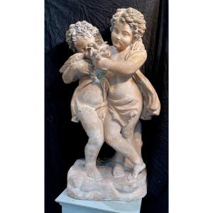 Important Partially Polychromed Terracotta Group Depicting Two Puttis - Circa 1800