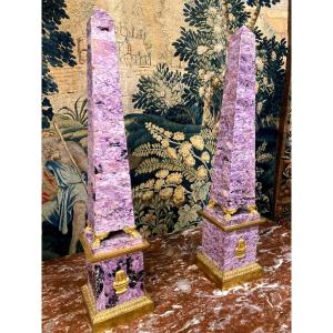 Important Pairs Of Obelisks - Blue John Veneer - 19th Century.