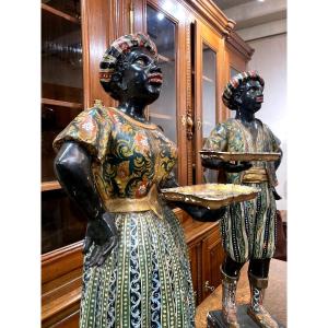 Pair Of Nubian Mail Holders - Polychrome Carved Wood - Italy 18th Century