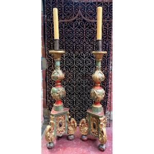  Pair Of Large Candlesticks; Polychrome Carved Wood - 18th Century