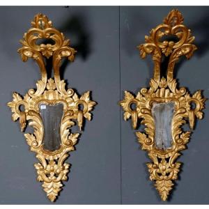 Importante Paire De Miroirs d'époque Baroque En Bois Sculpté - Italie XVIIIème
