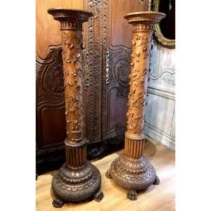 Importante Paire De Colonnes En Noyer -Epoque Néoclassique