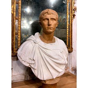 Importante sculpture en terre cuite émaillée -buste romain -19ème