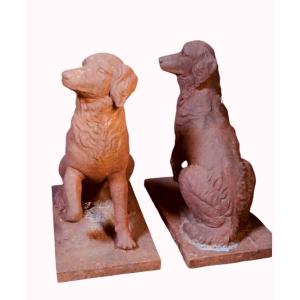 Cast Iron Animal Sculpture - Pair Of Golden Retriever Dogs, Circa 1900