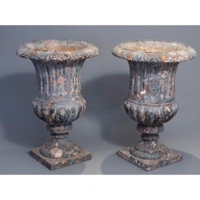 Pair Of Medici Vases In Breccia Marble - Work End XVIII